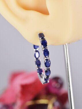 Natural Genuine Blue Sapphire Inside Out Hoop Earrings 925 Sterling Silver